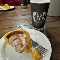 Best Life Coffee House - Chai and half of a pumpkin cinnamon roll!