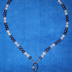 Bead Source - "Black" and white Freshwater Pearls and carabiner (connector), from Bead Source.