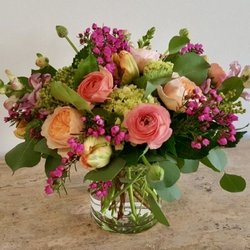 The Rosy Posy - Desert Sunset! Beautiful desert sunset shades arranged in a clear glass vase.