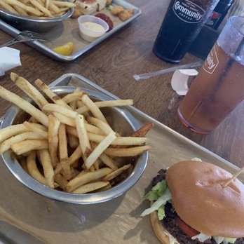 The Waterfront - Sarah B burger and shrimp poboy - Seafood Near Me - Daphne, Alabama The Waterfront - Sarah B burger and shrimp poboy - Seafood Near Me - Daphne, Alabama
