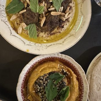 Cafe Suliman - Lamb hummus (top) charred eggplant dip bottom) - Arabic Near Me - Seattle, Washington