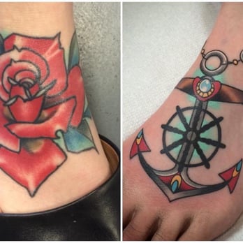 Woodwork Tattoo & Gallery - left foot (Rose) done by Kyle Wood nearly 9 months ago; right foot (Anchor Anklet) done by Colt White - Art Galleries Near Me - Bremerton, Washington Woodwork Tattoo & Gallery - left foot (Rose) done by Kyle Wood nearly 9 months ago; right foot (Anchor Anklet) done by Colt White - Art Galleries Near Me - Bremerton, Washington