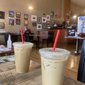 Bean Scene Cafe - Caramel Iced Latte (decaf with oat milk on the left, regular on the right) - Coffee & Tea Near Me - Sunnyvale, California Bean Scene Cafe - Caramel Iced Latte (decaf with oat milk on the left, regular on the right) - Coffee & Tea Near Me - Sunnyvale, California