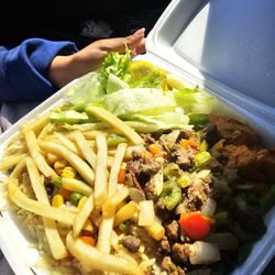 Combo Meal with Rice, Chicken Suqar, and Beef Suqar