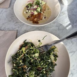 Slit Brussels Sprout Saad and Chicken Enchilada Bowl (split so there was another two plates for my wife).