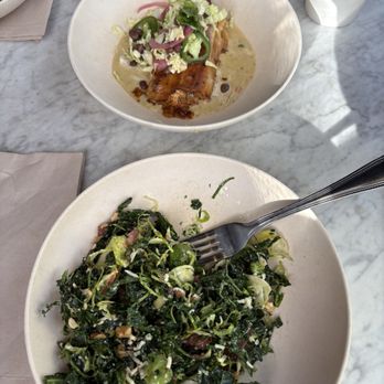 Flower Child - Slit Brussels Sprout Saad and Chicken Enchilada Bowl (split so there was another two plates for my wife). - Salad Near Me - Boulder, Colorado