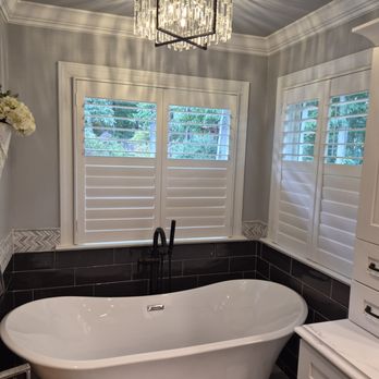 Johnston County Blinds and Shades - Plantation Shutters in a Master Bathroom in Cary, NC. - Shades & Blinds Near Me Johnston County Blinds and Shades - Plantation Shutters in a Master Bathroom in Cary, NC. - Shades & Blinds Near Me