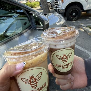 Buzz & Brew - Honey Bee (Left) Mocha added cold foam for $1.25 - Coffee & Tea Near Me - Redwood City, California Buzz & Brew - Honey Bee (Left) Mocha added cold foam for $1.25 - Coffee & Tea Near Me - Redwood City, California