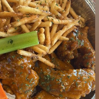 Bonus Cafe - Mango habanero wings with fries - Desserts Near Me - Pearland, Texas Bonus Cafe - Mango habanero wings with fries - Desserts Near Me - Pearland, Texas