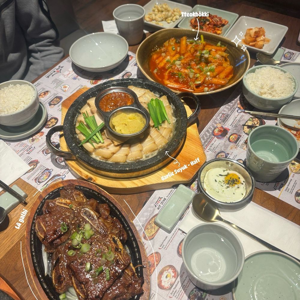 Jincook - LA Galbi (Korean BBQ Rib) Sous Vide Garlic Pork Belly (Garlic Suyuk) - Half Tteokbokki (Spicy Rice Cake) - Korean Near Me - Santa Monica, California Jincook - LA Galbi (Korean BBQ Rib) Sous Vide Garlic Pork Belly (Garlic Suyuk) - Half Tteokbokki (Spicy Rice Cake) - Korean Near Me - Santa Monica, California