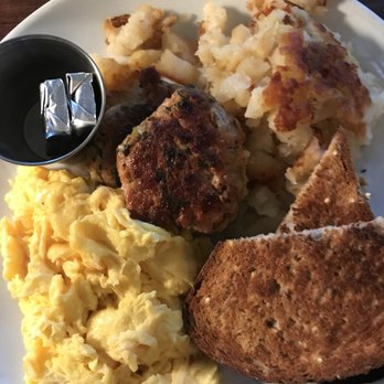 Friedman's - eggs with style (scrambled) with extra-crispy potato hash, chicken sausage & toast - Breakfast & Brunch Near Me - New York, New York Friedman's - eggs with style (scrambled) with extra-crispy potato hash, chicken sausage & toast - Breakfast & Brunch Near Me - New York, New York