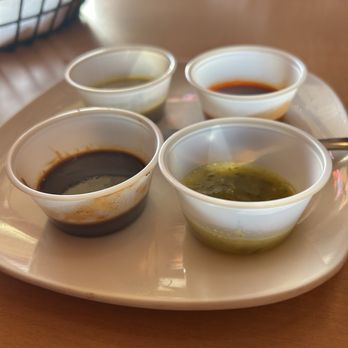 La Mestiza - Sampler of homemade sauces...all fantastic - Mexican Near Me - Madison, Wisconsin