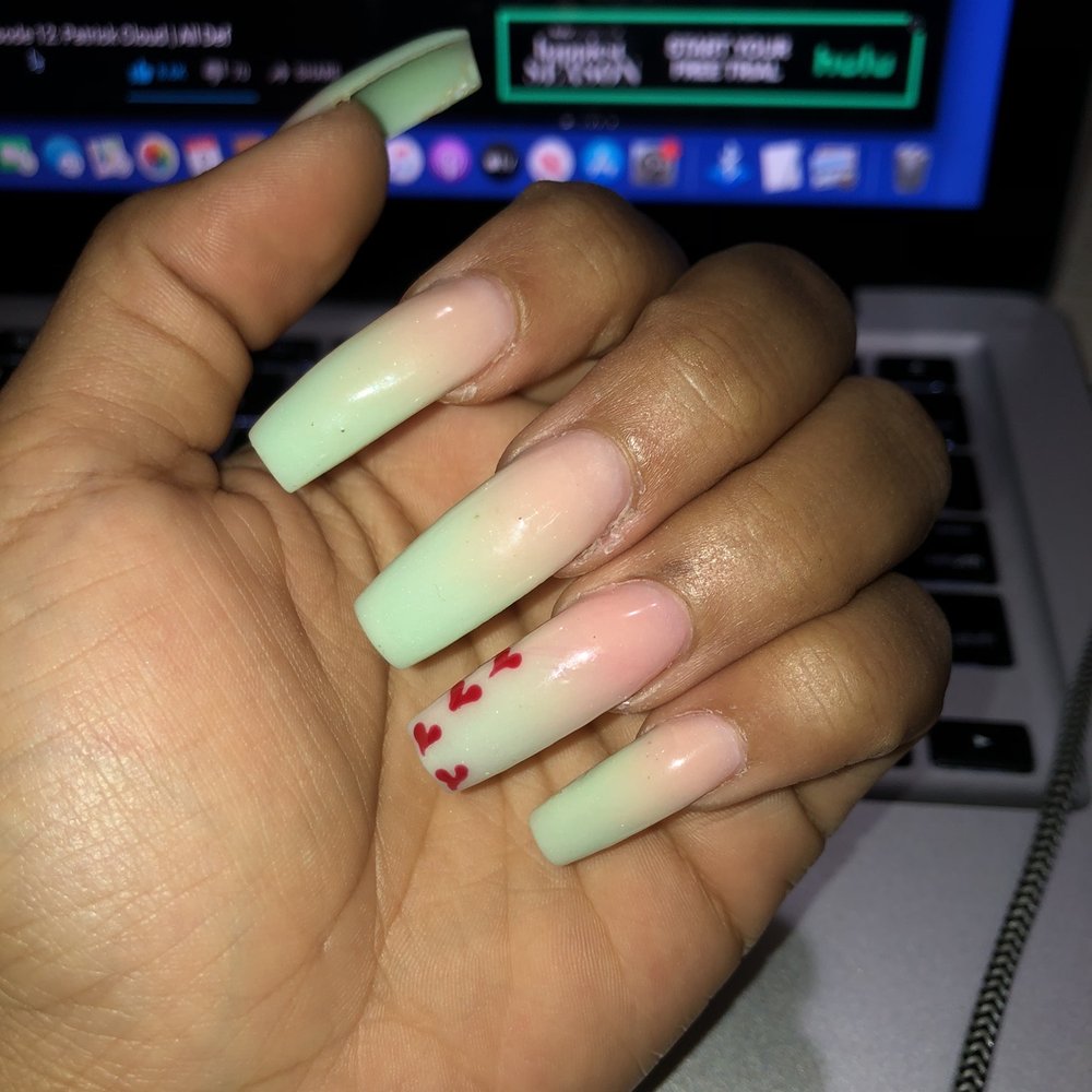 Exquisite Nails - Green ombré w/ hearts - Nail Salons Near Me - Tucson, Arizona