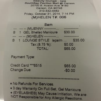Beauty Lounge Spa - Bill for my gel manicure and pedicure - Nail Salons Near Me - Carson, California