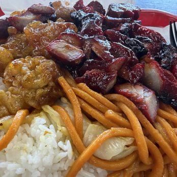 Lucky Chinese Food - Combo #2 with bbq pork, orange chicken, chow mein and steamed rice - Chinese Near Me - Stanton, California Lucky Chinese Food - Combo #2 with bbq pork, orange chicken, chow mein and steamed rice - Chinese Near Me - Stanton, California