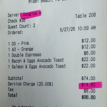 Orange Blossom - Bill with the server that needs customer service training and 20% added. - Breakfast & Brunch Near Me - Miami Beach, Florida Orange Blossom - Bill with the server that needs customer service training and 20% added. - Breakfast & Brunch Near Me - Miami Beach, Florida