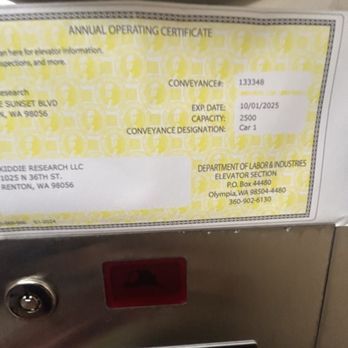 Kiddie Adventures Early Learning and Development Center - In this photo, it shows that the operation of their elevator had expired back in October however, this picture was taken in April 2026 . - Child Care & Day Care Near Me - Renton, Washington