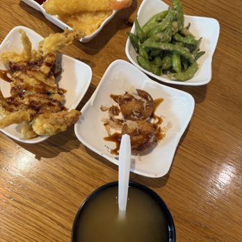 Z Sushi - Mix tempura (veggies+shrimp), garlic edamame, takoyaki, soft shell crab, and miso soup - Sushi Bars Near Me - Upland, California Z Sushi - Mix tempura (veggies+shrimp), garlic edamame, takoyaki, soft shell crab, and miso soup - Sushi Bars Near Me - Upland, California
