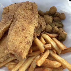 Sam's Southern Eatery - Fried Talaia with fried okra and fries.
