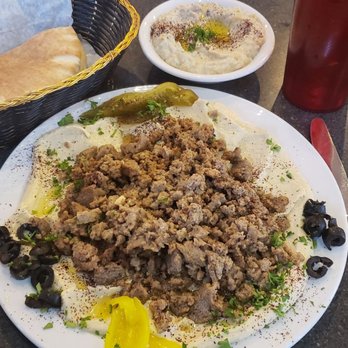 Mirage Mediterranean Restaurant - Hummus with Shawarma Gyro Entree with side of Baba Ganouge - Mediterranean Near Me - Louisville, Kentucky Mirage Mediterranean Restaurant - Hummus with Shawarma Gyro Entree with side of Baba Ganouge - Mediterranean Near Me - Louisville, Kentucky