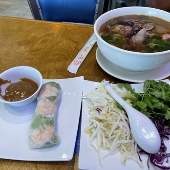 East Ocean Restaurant - Summer roll with peanut sauce. You get two but I couldn't wait. Bowl of Spicy Beef Soup. - Vietnamese Near Me - Edinburg, Texas