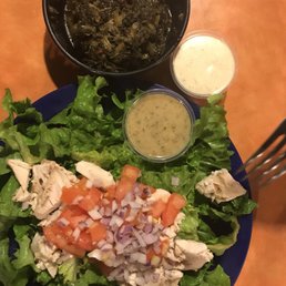 Chicken and Veggies Salad (no cheese) with mustard greens and added side of "Our Famous House Vinaigrette."
