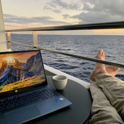 Expedia Cruises - Emerald Yacht 2024, relaxing after checking in on work. Sailings into Terre-de-Haut, Guadeloupe