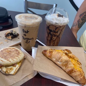 Monkey Dog Coffee - Oat n Oat and Brown Sugar Latte Ham and Triple Cheddar Stuffed Croissant Toasted Marshmallow Mocha Canadian egg and cheese - Coffee & Tea Near Me - Clovis, California