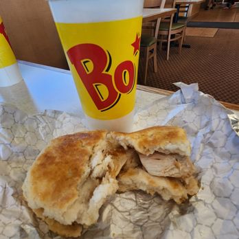 Bojangles' Famous Chicken'n Biscuits -  half eaten sandwich and a drink - Fast Food Near Me - Wytheville, Virginia