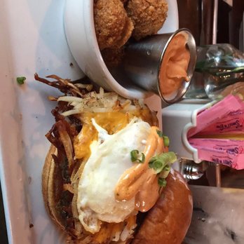 Crave Kitchen & Bar - Breakfast burger and fried chorizo mash potatos - Cafes Near Me - El Paso, Texas