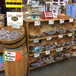 Dam Store - The jerky is NOT falsely advertised at all. The buffalo jerky is .99 and the other "exotic" jerky is 1.69. You can't miss it by the counter