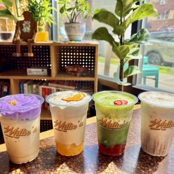 Millie's Coffee - Purple Crown (ube), The OG latte, Strawberry Fields (strawberry matcha), Rice & Shine (jasmine rice foam), $9 each - Coffee Roasteries Near Me - Queens, New York Millie's Coffee - Purple Crown (ube), The OG latte, Strawberry Fields (strawberry matcha), Rice & Shine (jasmine rice foam), $9 each - Coffee Roasteries Near Me - Queens, New York