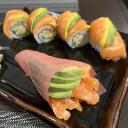 Musashi Exotic Japanese Cuisine - Salmon sashimi handroll, and SAM's roll