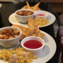 China 1 - Shrimp fried rice, Krab Rangoon w/ sweet and sour sauce, and hot & sour soup!