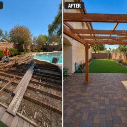 American Outdoor Living - Removing old patio deck, installing pavers as well as artificial turf and pergola.