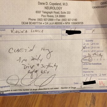 Dane D Copeland, MD - RX I was sent home with by Dr Copeland for what he misdiagnosed. Claritin, good for 60 refills. Not a knowledgeable doctor - Neurologist Near Me - Santa Fe Springs, California