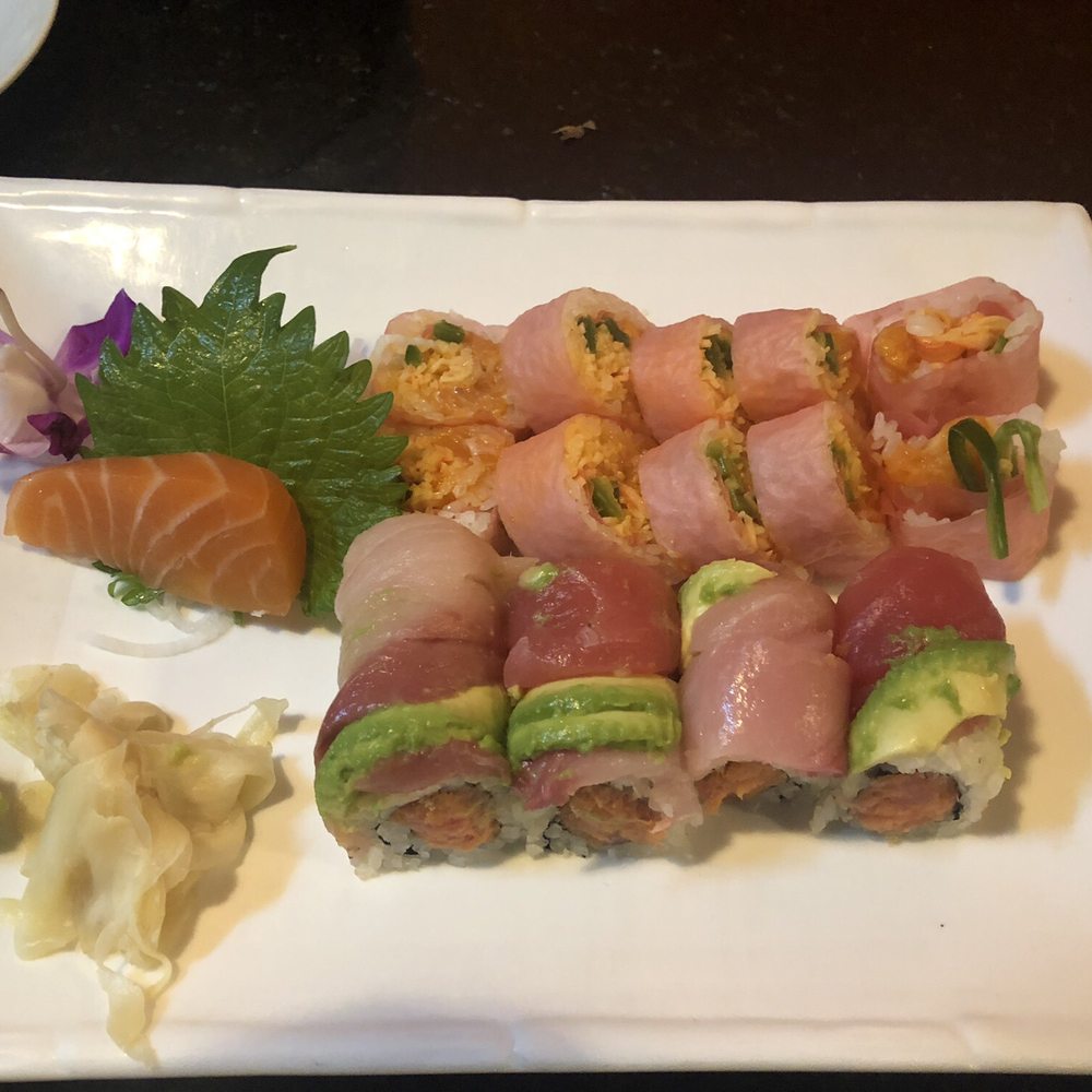 Kassai Sushi - Spices Girl roll (top), Tokyo roll (bottom), salmon sashimi on perilla leaf. - Sushi Bars Near Me - Denver, Colorado