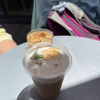 Work in Progress - rosemary latte in the front with salted foam and lavender latte in the back - Wine Bars Near Me - Costa Mesa, California