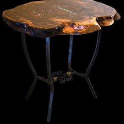 Custom Oak Burl table with hand forged iron base