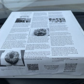 Monarch Donuts - Box of donuts w his story on the lid. - Donuts Near Me - Arcadia, California