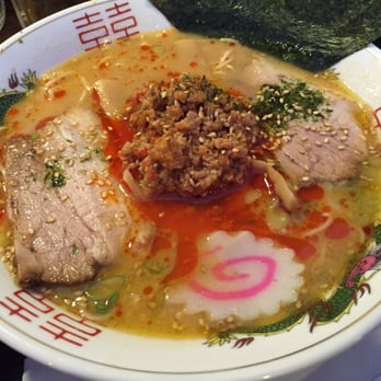 Cagami Ramen - Karamiso Ramen. Toppings: Negi, Char Siu, Nori, Narutomaki, hot oil, ground pork, and sesame seeds. - Ramen Near Me - Camarillo, California