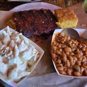 Dinosaur Bar-B-Que - Rib plate w/ bbq beans & Mac salad. Ribs, I should've ordered more, beans not very saucy, but good flavor. Mac salad -creamy and dilly. - Barbeque Near Me - Syracuse, New York