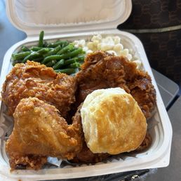 HALF CHICKEN Breast, Wing, Leg, and Thigh served with 2 sides, 1 biscuit, and 1 dipping sauce