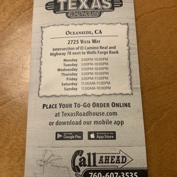 Texas Roadhouse - Paper menu - Steakhouses Near Me - Oceanside, California