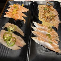 Salmon, yellowtail carpaccio crunch onion albacore Salmon, yellowtail carpaccio crunch onion albacore