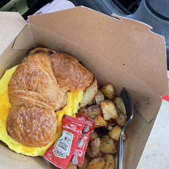 Biscotti's - Ham and cheese croissant with breakfast potatoes - Cafes Near Me - Reno, Nevada