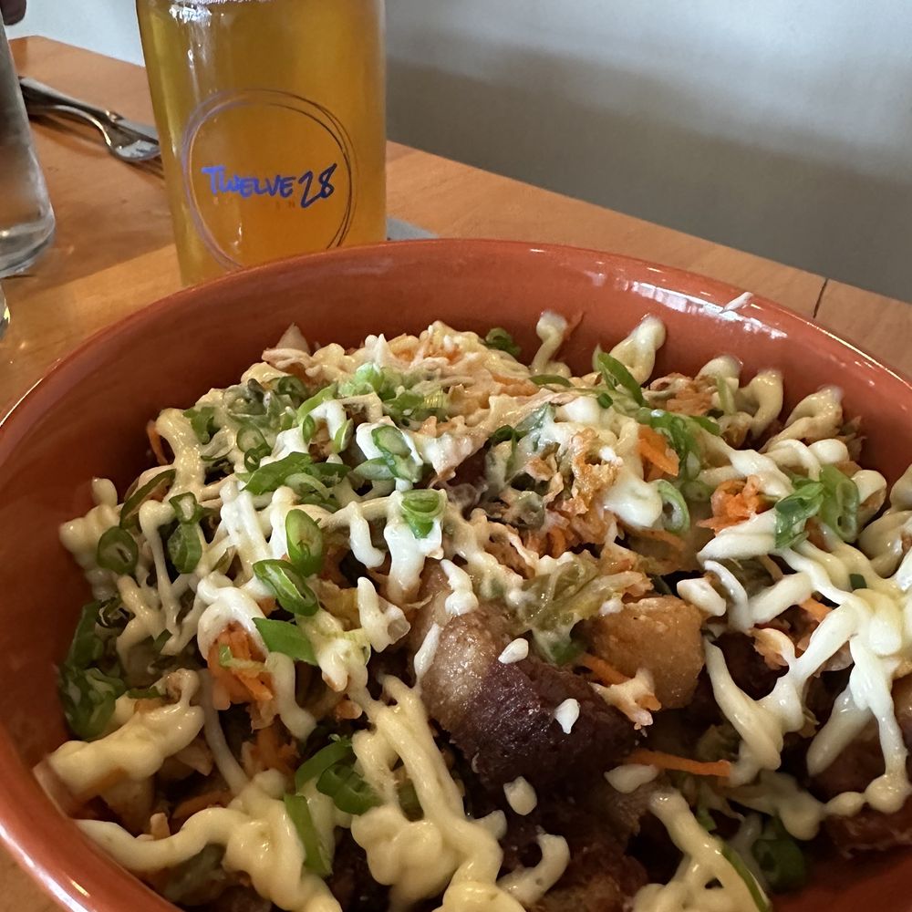 Twelve 28 Kitchen - Smashed fry's w pork belly - New American Near Me - Penn Valley, California Twelve 28 Kitchen - Smashed fry's w pork belly - New American Near Me - Penn Valley, California