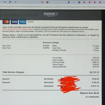 All My Sons Moving & Storage - Show what I was charged. - Movers Near Me - Dallas, Texas