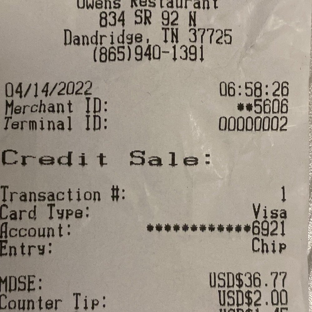 Owens Restaurant - The receipt - American Near Me - Dandridge, Tennessee Owens Restaurant - The receipt - American Near Me - Dandridge, Tennessee
