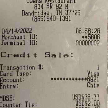 Owens Restaurant - The receipt - American Near Me - Dandridge, Tennessee Owens Restaurant - The receipt - American Near Me - Dandridge, Tennessee